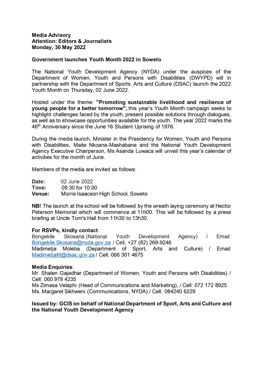 NYDARSA's tweet photo. [Media Advisory] Government launches Youth Month 2022 in Soweto on the 2nd June 2022.

Hosted under the theme "Promoting sustainable livelihood and resilience of young people for a better tomorrow". https://t.co/Za8nAqEXF4
