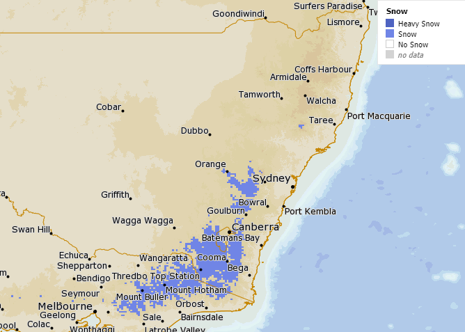 BOM_NSW's tweet photo. Chance of #snow in parts of #NSW tomorrow, with #MetEye showing snow forecast to extend to the #CentralTablelands and possibly some snow flakes at #BarringtonTops.
Forecasts: https://t.co/aOd2XIGYlX
Snow: https://t.co/bwilfRUg7C
MetEye: https://t.co/1yxAIPrpyJ https://t.co/9RXoNwBsYR