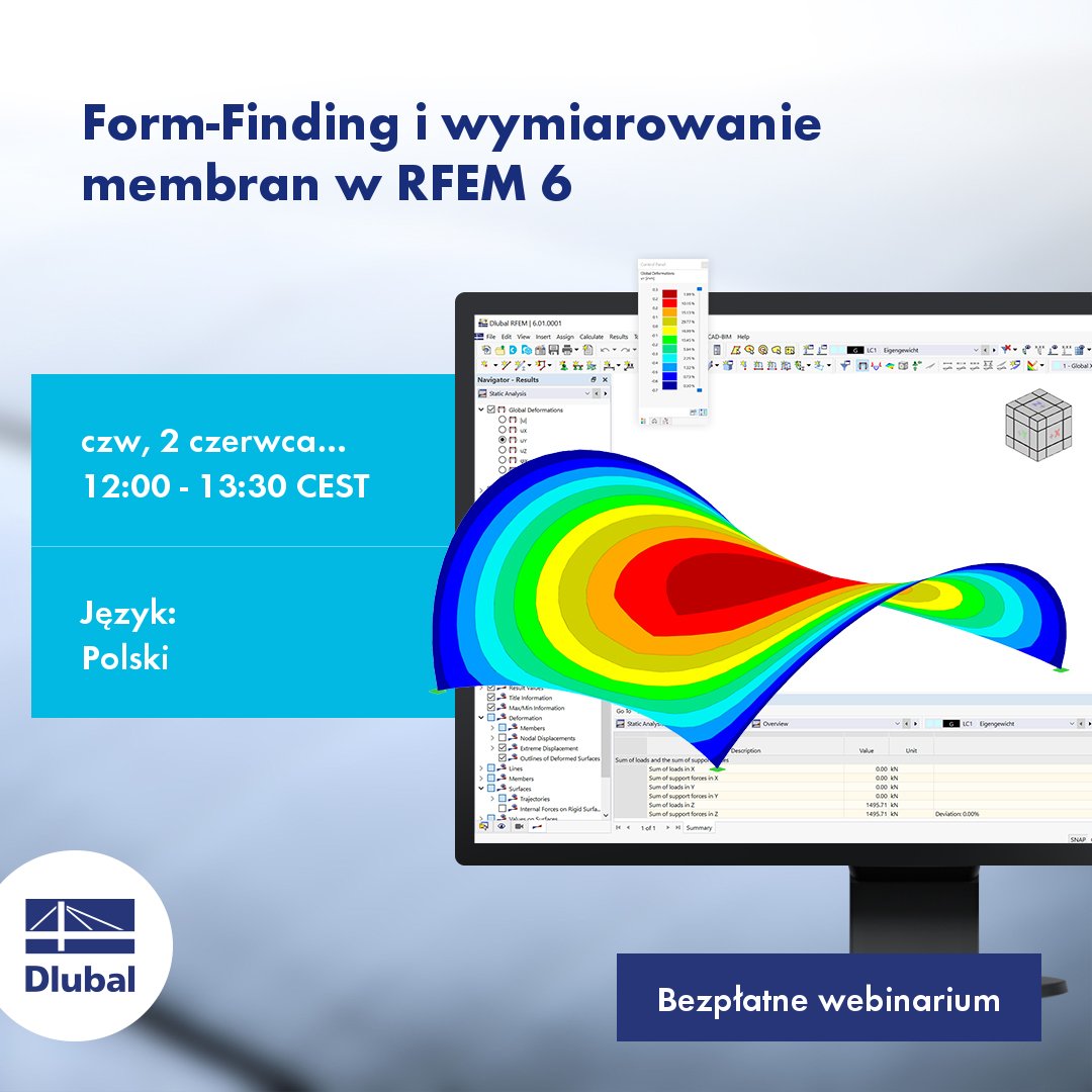 dlubal_pl's tweet image. Zaproszenie na bezpłatne webinarium | Form-Finding i wymiarowanie membran w RFEM 6
dlubal.com/pl/pomoc-techn…
#KostenfreiesWebinar #RFEM6 #Formfindung #Membrane #Windlast #Bauzustand