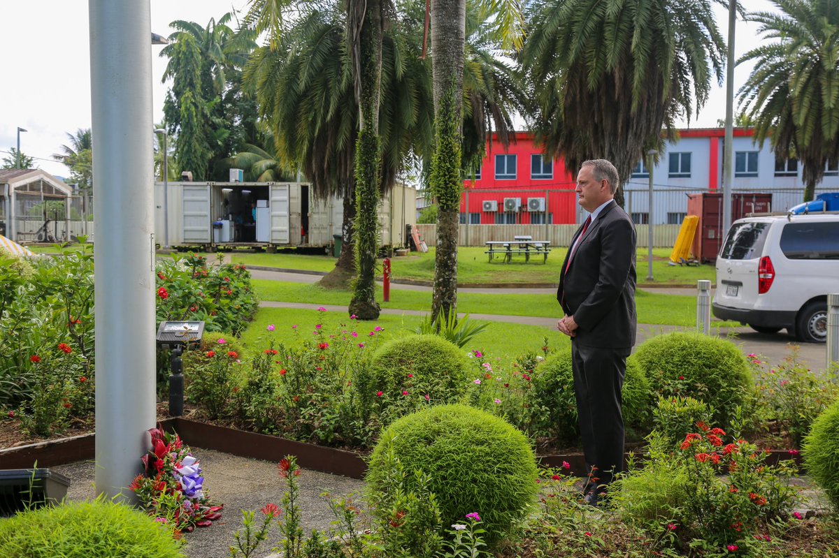 USEmbassySuva's tweet photo. Our Embassy family held a wreath laying ceremony today in observance of #MemorialDay2022. We were also joined by officers from the @NVNationalGuard. 

We honor and remember all the brave men and women who have died in service. May their sacrifices never be forgotten. https://t.co/opVtTHjp0a