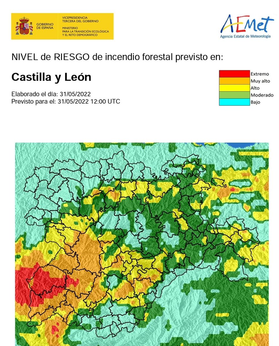 SubGobSALA's tweet photo. 📍 Hoy martes 31 de mayo, según la @AEMET_CyL, en la provincia de #Salamanca:
🔥Riesgo de incendios MUY ALTO generalizado en toda la provincia, con zonas de riesgo EXTREMO en el oeste en comarcas como el #Argañán, #Abadengo, #LasArribes y #Vitigudino.
🔴 Mucha precaución‼️ https://t.co/aHTCGDeDGn