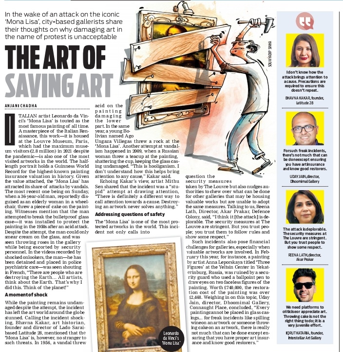 Gallerists and artists from Delhi-NCR share their thoughts on the recent vandal attack on the Mona Lisa at #Louvre. Read the full story: shorturl.at/ehDIW

✍️: <a href="/AnjaniChadha/">Anjani</a> for <a href="/TheMornStandard/">TheMorningStandard</a> 

<a href="/L28N/">Latitude28</a> <a href="/DhoomimalDMG/">Dhoomimal Gallery</a> <a href="/akarprakar/">akar prakar</a> <a href="/int_artgallery/">Interstellar Art Gallery</a>
#monalisa