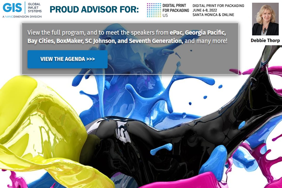 GisInkjet's tweet photo. As a proud advisor for Digital Print for Packaging US, Debbie Thorp will join brand owners, converters, and technical providers for the event.  
Check the agenda now>> https://t.co/wO1vZiIh3V

#dpp #packaging #digitalprint #printingindustry  #packagingdesign #nanodimension https://t.co/RKxeX0GZuy