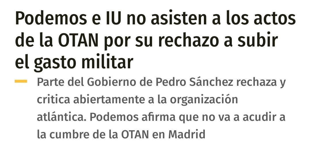IUInternacional's tweet photo. 🔊 #UnidasPodemos da "plantón" al rey @CasaReal y al presidente @sanchezcastejon en el aniversario de la entrada @SpainNATO 

Unidas Podemos rechaza el aumento del gasto militar y pide una CUMBRE POR LA PAZ en lugar de la Cumbre de la OTAN prevista para fines de junio en @MADRID https://t.co/UI7XnzSkr9