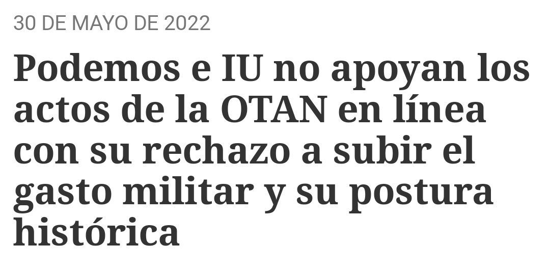 IUInternacional's tweet photo. 🔊 #UnidasPodemos da "plantón" al rey @CasaReal y al presidente @sanchezcastejon en el aniversario de la entrada @SpainNATO 

Unidas Podemos rechaza el aumento del gasto militar y pide una CUMBRE POR LA PAZ en lugar de la Cumbre de la OTAN prevista para fines de junio en @MADRID https://t.co/UI7XnzSkr9