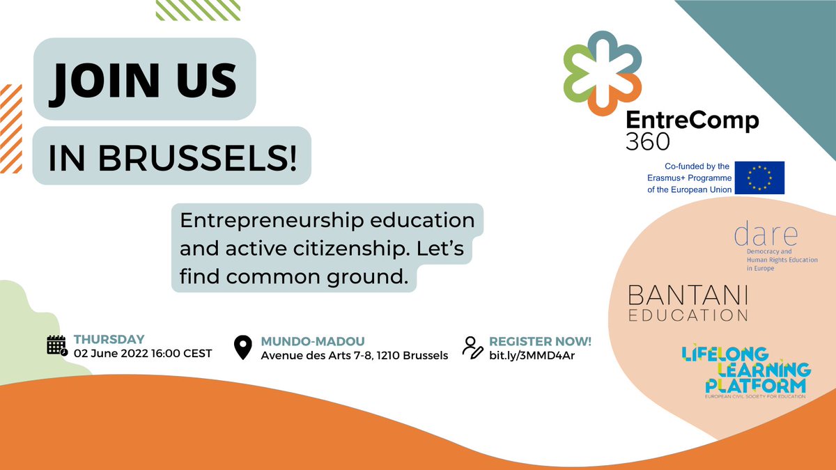 Calling all our friends in Belgium! 🇧🇪
Join <a href="/DareRights/">DARE Democracy & Human Rights Education in Europe</a> <a href="/lllplatform/">Lifelong Learning Platform</a> <a href="/BantaniEdu/">Bantani Education</a> and <a href="/EntreComp360/">EntreComp360</a> for  Entrepreneurship education and active citizenship. Let’s find common ground.
📆 Thursday 2 June
⏰ 16:00 - 17:45 CEST
🗺️ Mundo-Madou, Brussels
📝 bit.ly/3MMD4Ar