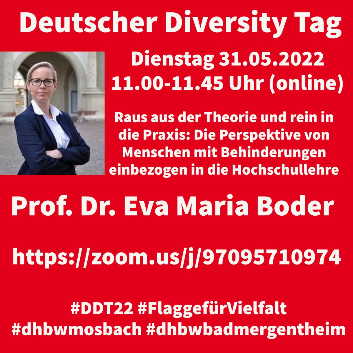#DHBW #Mosbach/#BadMergentheim - sind dabei beim Deutschen Diversity Tag 2022. Online Session #2 zum Thema Diversity in der Hochschullehre. Wir freuen und über alle Teilnehmer*innen.
#CelebrateDiversity #DDT22 #FlaggefürVielfalt #diversity