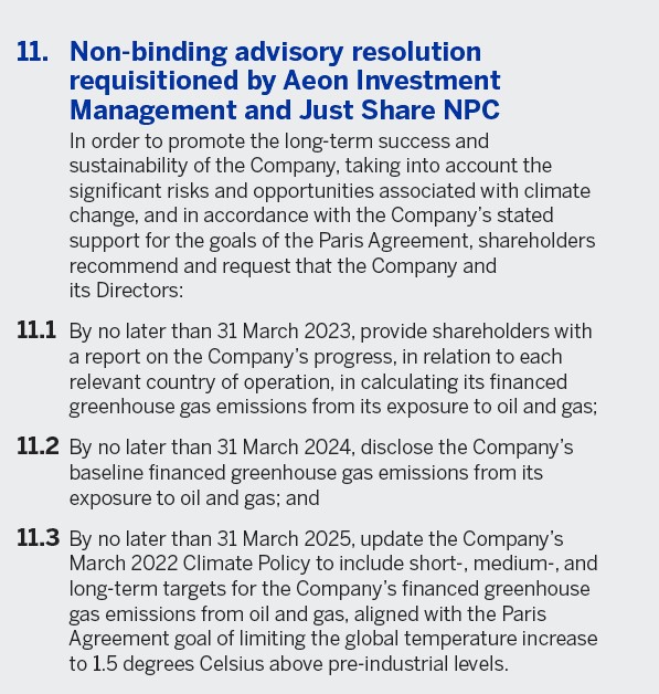 JustShareSA's tweet image. Overwhelming shareholder support (99.7%) for Just Share / Aeon Investment Mgmt shareholder resolution at @SBGroup AGM today. 

Africa's biggest oil &amp;amp; gas financier must start crucial work to set Paris-aligned targets to reduce oil &amp;amp; gas exposure. 

@AsiefMohamed @stopEACOP