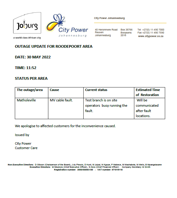 CityPowerJhb's tweet photo. #OutageUpdate on #Matholeville.
Test branch have arrived on site. Operators are running the fault. ^NN https://t.co/Rjk5mBOyea