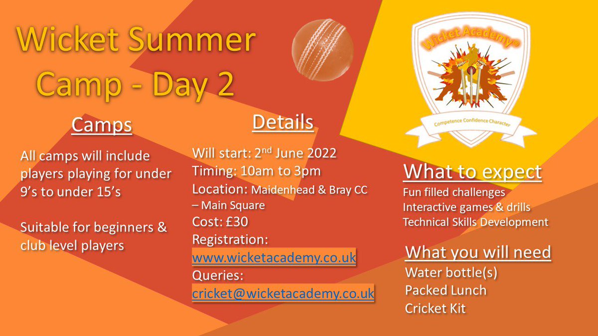 WicketAcademy's tweet photo. After the success of Monday and based on feedback we are hosting Day 2 “Wicket Summer Camp” on Thursday. https://t.co/DnrNpGGbtS