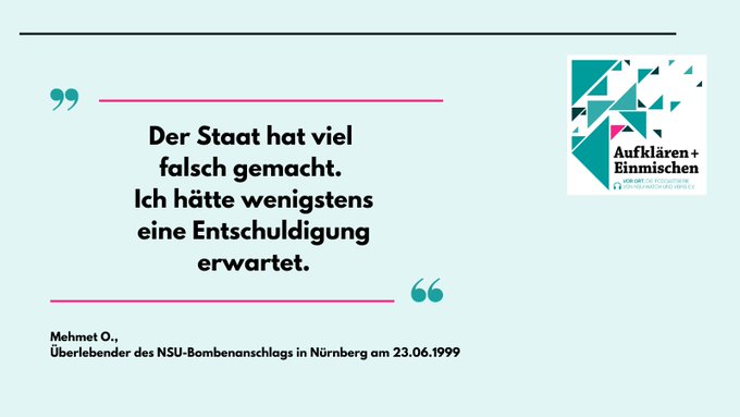 Zur #Polizeikontrolle gehört auch #Justizkontrolle. Zum Beispiel in #Bayern. Mehmet O. überlebte am 23.6.1999 den ersten rassistischen #NSU Sprengstoffanschlag in #Nürnberg. Bis heute wurde dafür niemand angeklagt und niemand verurteilt! #Rassismus 
➡️verband-brg.de/folge-27-vor-o…
