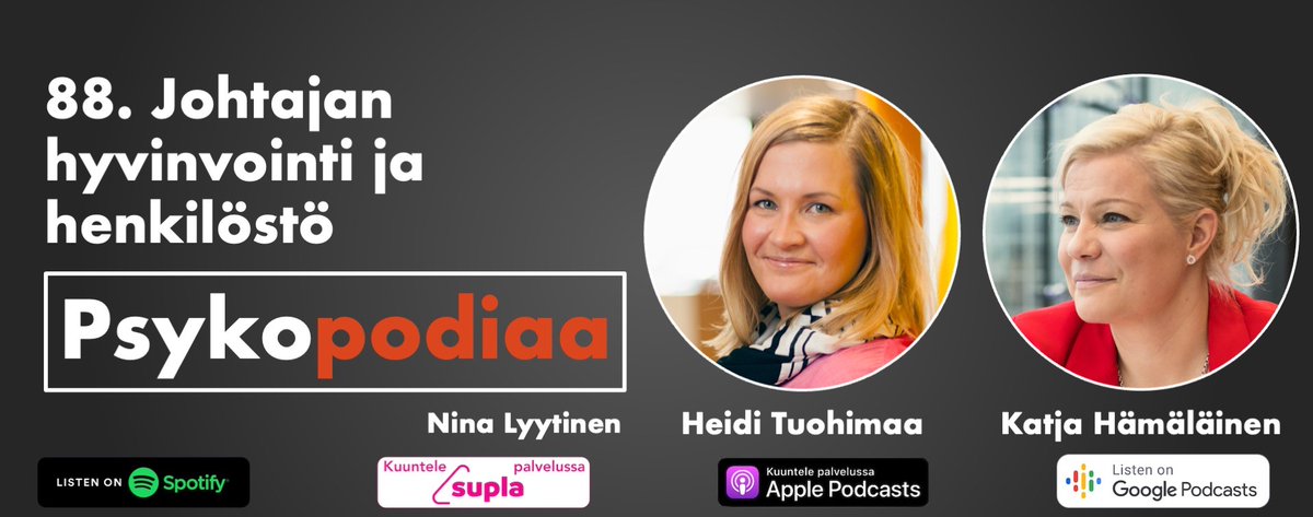 Mikä tukee johtajan hyvinvointia?

Elon Katja Hämäläinen ja <a href="/heidi_tuohimaa/">Heidi Tuohimaa</a> puhuvat Psykopodiaa-podcastissa esihenkilön jaksamisesta. Loistava @LyytinenNina toimii keskustelun vetäjänä.

Kuuntele mielenkiintoinen #Psykopodiaa jakso Spotifyn kautta.  open.spotify.com/episode/34bWm5…