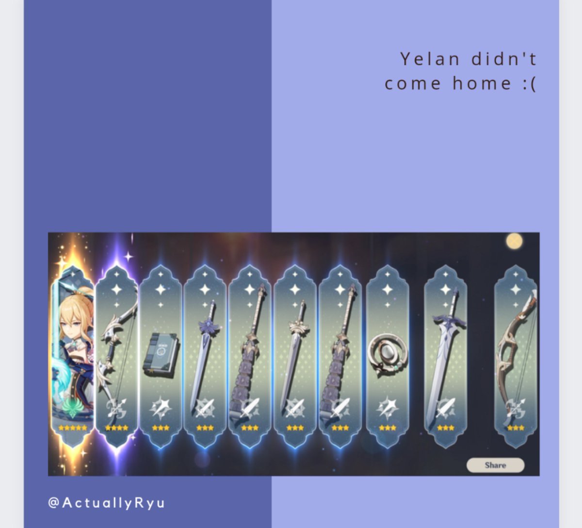 ActuallyRyu's tweet photo. Yelan did not come home :( https://t.co/vN9GwbZWCb
