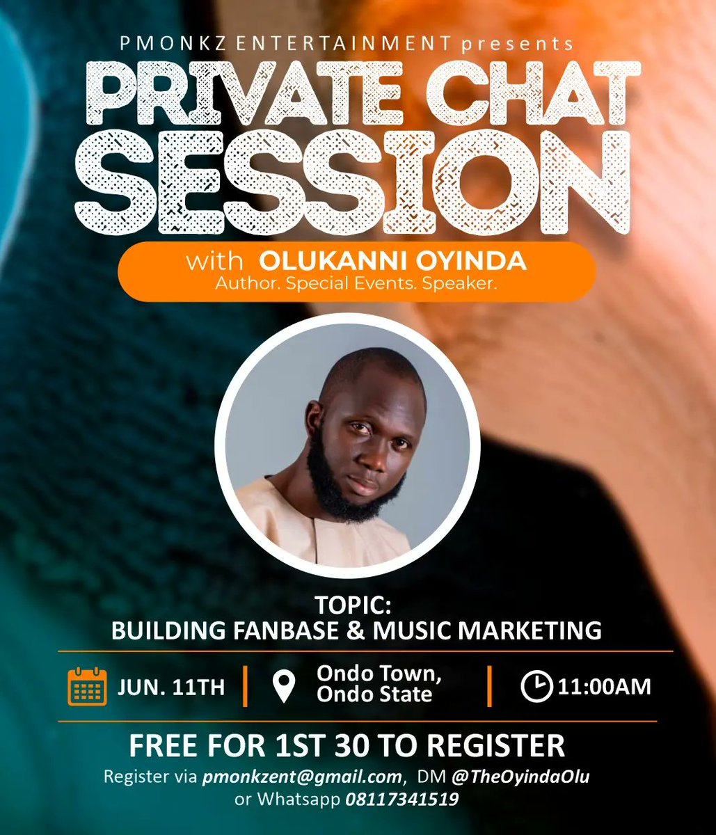 TheOyindaOlu's tweet photo. Ondo state. June 11. #PCSWO
Osun state. June 12. #PCSWO
DM to register.
#PrivateChatSessionWithOyinda https://t.co/581bHAJQ27