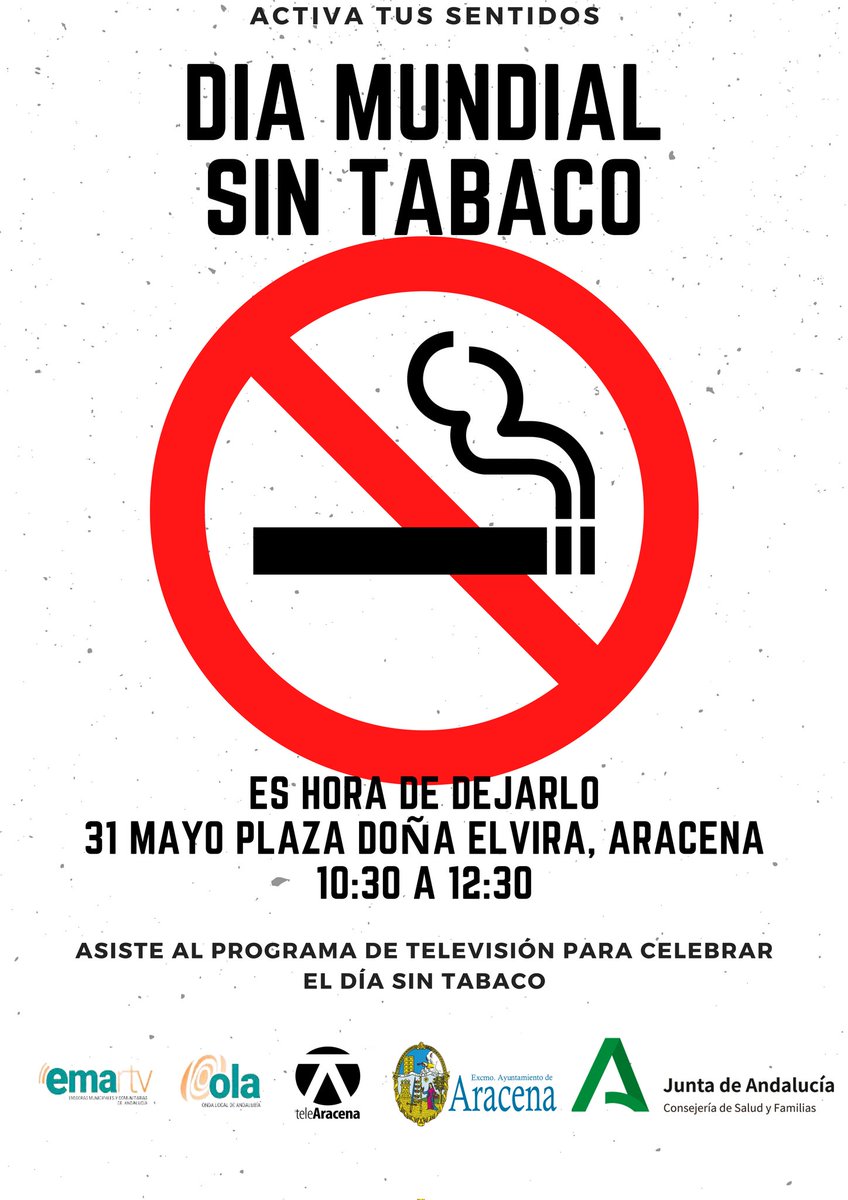 AytoAracena's tweet photo. Hoy 31 de mayo, #DiaMundialSinTabaco asiste al evento televisivo que #TeleAracena y #EmaRtv @ondalocalemartv celebrarán en la Plaza Doña Elvira. 

De 10:30 a 12:30h. programa dedicado al #tabaquismo y otras adicciones con especialistas de #Aracena y entorno.

@AndaluciaRELAS https://t.co/z4wYFxCz79