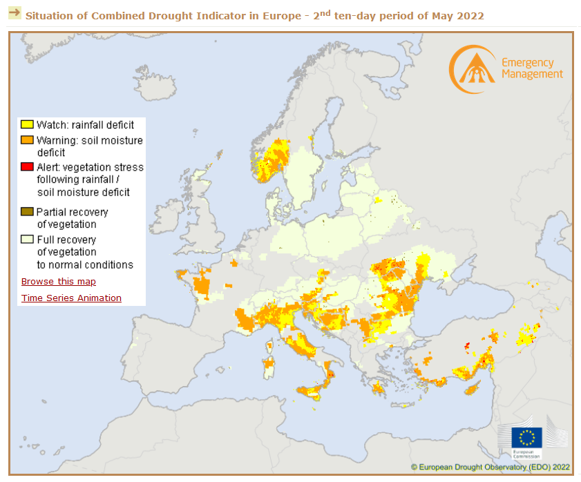 The #CopernicusEmergency Management Service, with its #Drought Observatories, provides drought-relevant information and early-warnings for

▶️Europe (#EDO) & ▶️Globally (#GDO)  

More e.copernicus.eu/CEMS_EDO_GDO

⬇️Combined Drought Indicator in Europe for the 2nd decade of May 2022