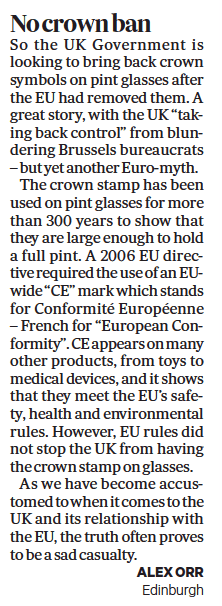 alex_m_orr's tweet photo. My latest media musings: "Pint of order"-removal of the crown stamp from pint glasses, as claimed by @BorisJohnson & senior Tories, was nothing to do with the EU & is yet another #Euromyth @TheScotsman @euromovescot @euromoveAberdn @GlasgowlovesEu @swScotland4Eur1 @Edinburgh4EU https://t.co/rPL4HYjZ3a