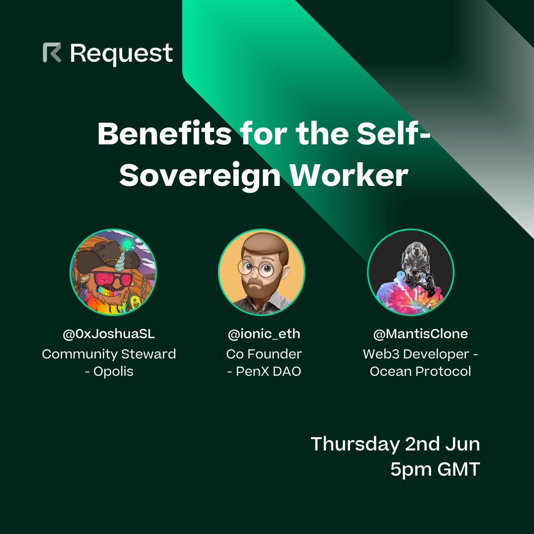 RequestNetwork's tweet photo. Working in DAOs for freelancers poses a lack of security &amp; benefits, 

This week we discuss with companies working to empower the self sovereign worker

Guests
@0xjoshua from @Opolis
@ionic_eth from @Penxdao 
@MantisClone from @oceanprotocol

👇
https://t.co/F40Mg7Otgm https://t.co/mBUQUQjvLM
