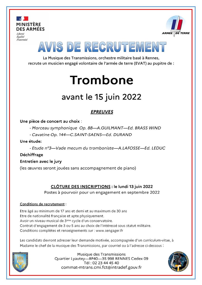 MusTrans35's tweet image. 🚨URGENT🚨
Suite au désistement d’un candidat, la @MusTrans35 recrute en urgence un tromboniste avant le 15 juin (date à convenir avec le chef de musique).
N&apos;hésitez pas à nous contacter pour toute demande  d&apos;information complémentaire ou à relayer l&apos;information ! 🎶