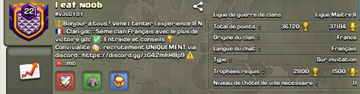 Salut clasheur, nous nous apprêtons à passer notre clan au niveau 23 ! 🎊
Comment fêter ceci  🤔?!
En faisant une grosse gdc comme on les aime bien sur.
Si tu es intéressé rejoins notre serveur discord prévu pour l'événement :
discord.gg/EsJqVA3TPX