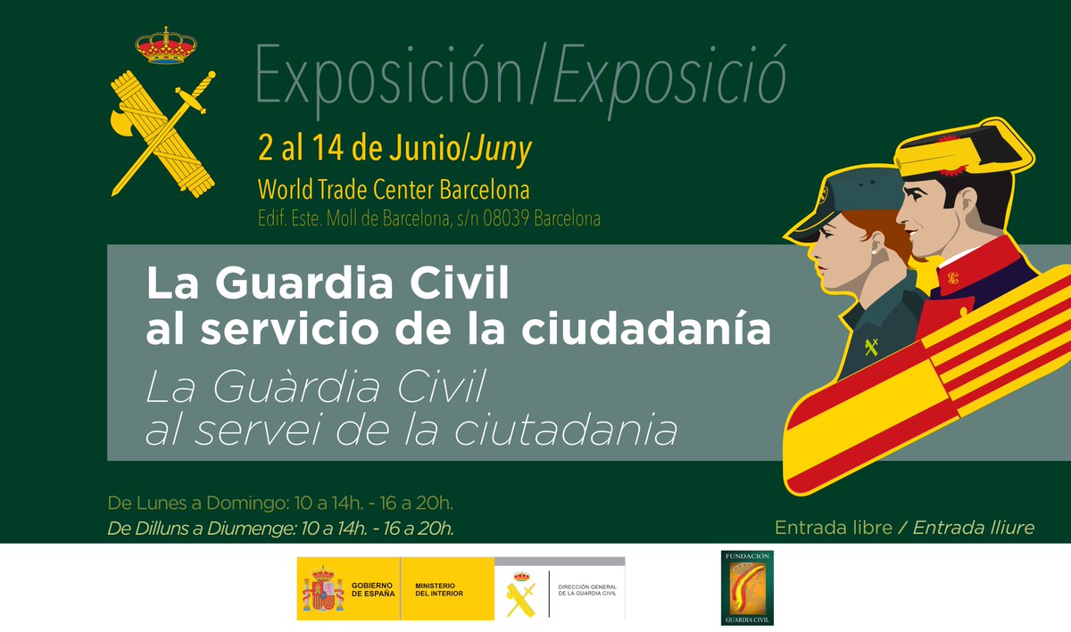 guardiacivil's tweet photo. Conoce lo más destacado de la historia y del presente de la @guardiacivil en la #ExposiciónGC22 de #Barcelona 

📍 World Trade Center Barcelona
📆 Del 2 al 14 de junio
 ⏰Lunes a domingo: 10 a 14 h - 16 a 20h

🔵 Acceso gratuito https://t.co/jPPAyjOfDA