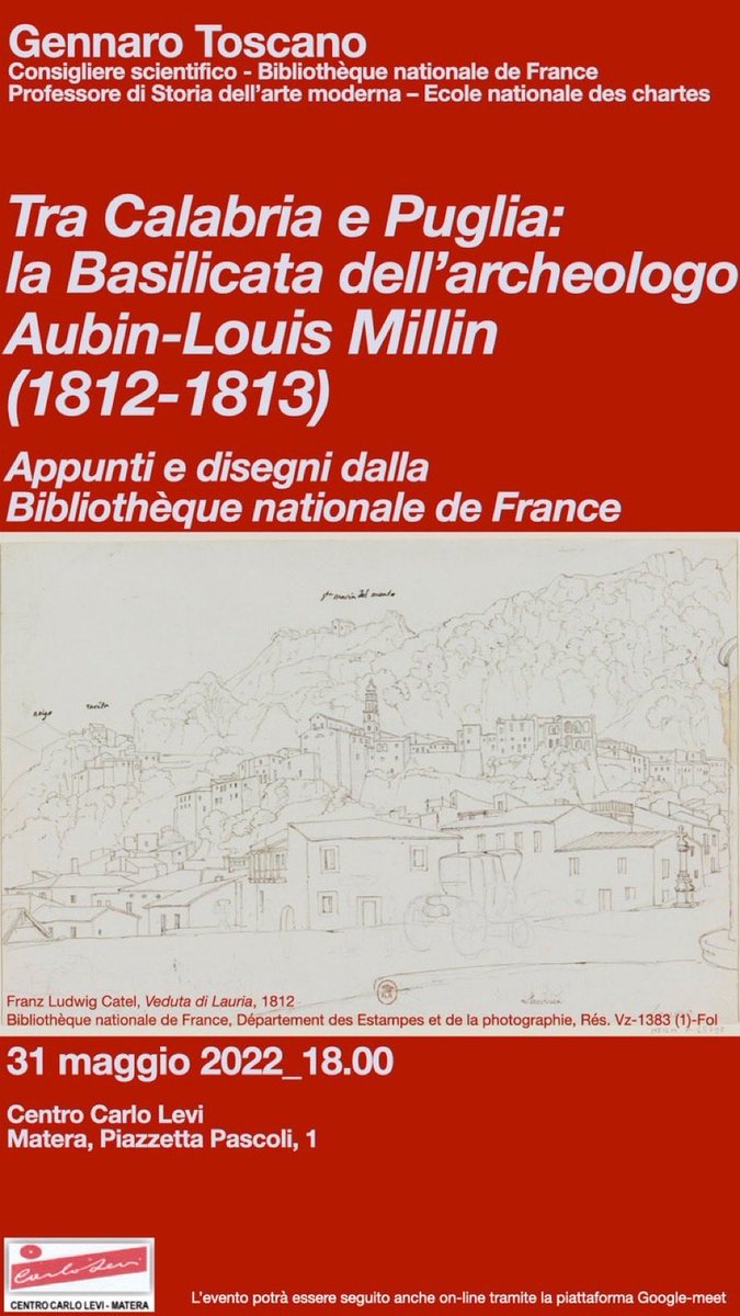 janviertoscan's tweet photo. RDV ce soir à la Fondazione Levi à Matera : je parlerai des voyages de #Millin en @regbasilicata en 1812 et 1813 ! @laBnF @GallicaBnF https://t.co/L4lbuRsoRs