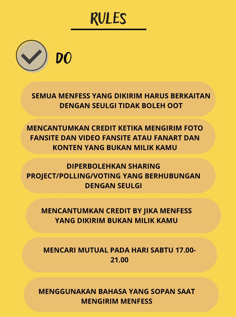 seulgimenfess's tweet photo. Welcome to Seulgimenfess 🐻💛
Harap diperhatikan rules berikut ini ya! https://t.co/Cr9Cnwufud