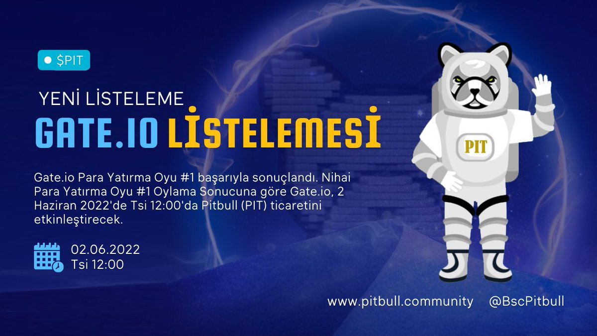 📢 🔥 #Pitbull 🚀

👉 #Gateio Borsasında Listeleniyor.
🗓️02 Haziran ⏰12:00 

🔷Mevcut Borsalar: #OKX #MEXC #coinex 

#Bitcoin #Binance  #PIT  #pitbulltoken  #PitbullOnGate 
<a href="/BscPitbull_TR/">Pitbull Türkiye 🇹🇷</a> <a href="/BscPitbull/">Pitbull Token</a>  @gate_io 
@Gateio_Turkiye <a href="/cz_binance/">CZ 🔶 BNB</a>