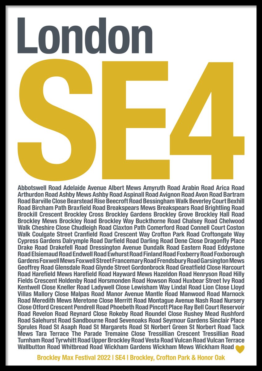 Checkout the <a href="/BrockleyMax/">Brockley Max</a> #BMax2022 #raffle bit.ly/3wITwem and you could be the lucky winner of this #SE4 #postcode #prints #Brockley #Crofton #HonorOak #Lewisham #SE13 #SE4 #Ladywell #London #art #design #Local #festival #community