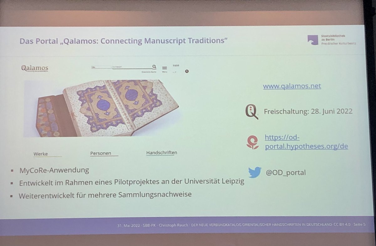 M_Gasser's tweet photo. #bibtag22: Christoph Rauch (@sbb_news ) zum Projekt Orient Digital @OD_Portal https://t.co/H0fW9Z2ZjO, das orientalische #Handschriften aus verschiedenen #Bibliotheken zentral zugänglich macht. Launch am 28. Juni 2022. https://t.co/6aWlFnxcDe