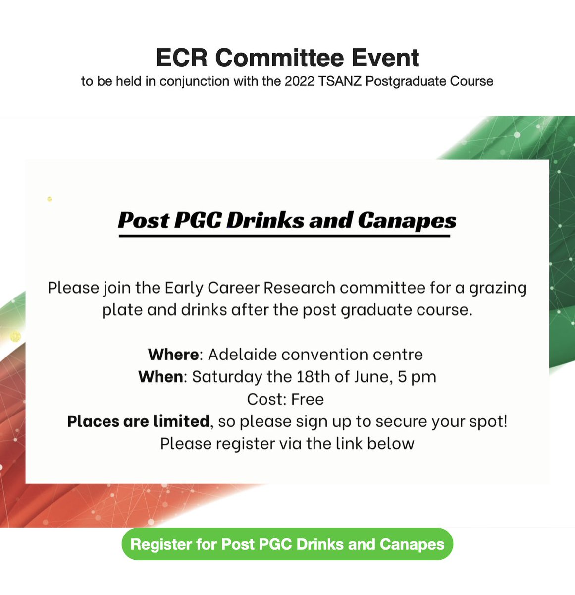 Calling all <a href="/TSANZ/">Antonio Sanz Baraut</a> ECRs - join us for drinks and canapés after the Post-Graduate Course at #tsanzconf for an opportunity to connect with your peers and enjoy some Barossa Valley wines. Places are limited so please register - tinyurl.com/mr2w8efh