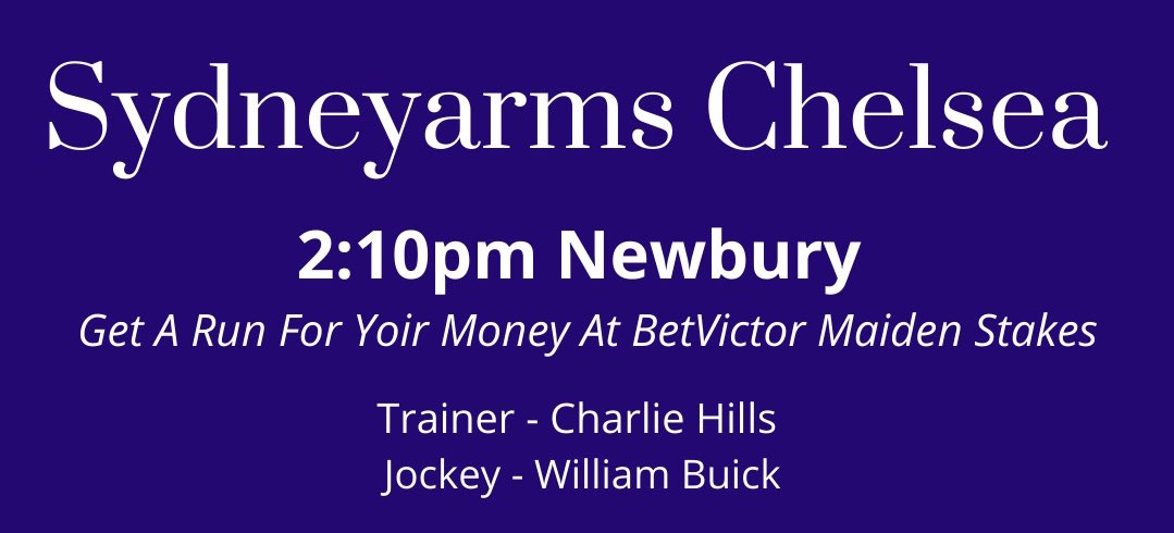 ChelseaTbreds's tweet photo. Sydneyarms Chelsea 🏇🏼 will make her debut at @NewburyRacing under William Buick for @cbhills! We are very much looking forward to having our 1st 2yo runner, and she will run in the colours of the @SydneyArmsPub! Best of luck to all connections 🤞#ChelseaThoroughbreds #OliverBrown https://t.co/oRIOur8Mew