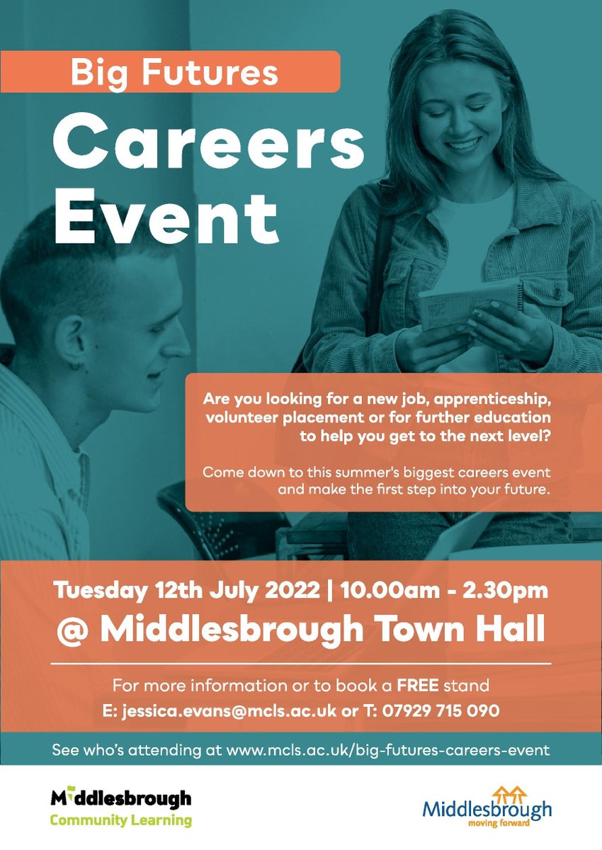 📢Save the date📢

Big Futures Careers Event:
📍<a href="/mbro_townhall/">Middlesbrough Town Hall</a>
🗓️12th July 2022
⏰10am - 2:30pm

Follow mcls.ac.uk/big-futures-ca… to keep up to date with who will be attending - updated every week!

#Middlesbrough #TeesValley #CareersEvent