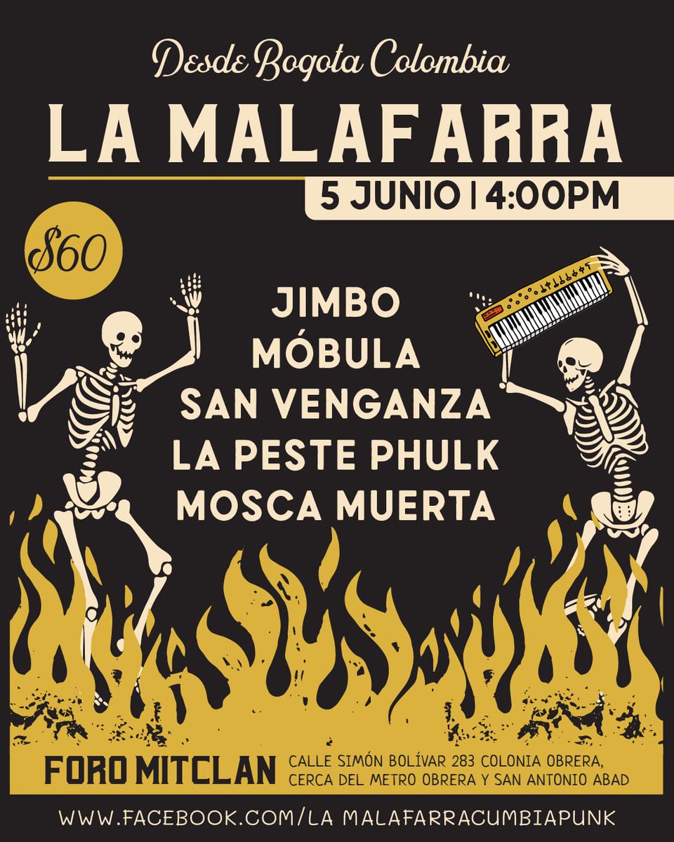 Desde Colombia un poco de cumbiapunk.
5/6/22,16:00 hrs. (INE+18) Cover $60
@LaMalaFarra <a href="/Mobula/">Fred Fan</a> <a href="/SanVenganza/">San Venganza</a> <a href="/MoscaMuerta/">mosca</a> 
Todas las medidas de bioseguridad
#evento #música #diversión #cerveza #fiesta #disfrutar #cultura #eventomusica #eventoscdmx #eventos #ska #cumbiapunk