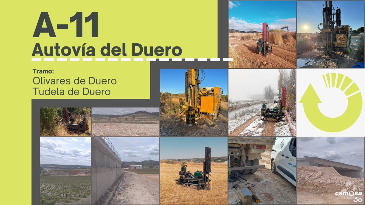 Continúan las obras en los dos tramos de la Autovía del Duero (#A11) a manos de la UTE-Rivera (SANJOSE y Grupo Avintia), dónde #CEMOSA es la responsable de la Campaña de #Geotecnia y del #ControldeCalidad en el tramo #OlivaresdelDuero - #TudeladelDuero.

#50AñosCEMOSA #Ingeniería
