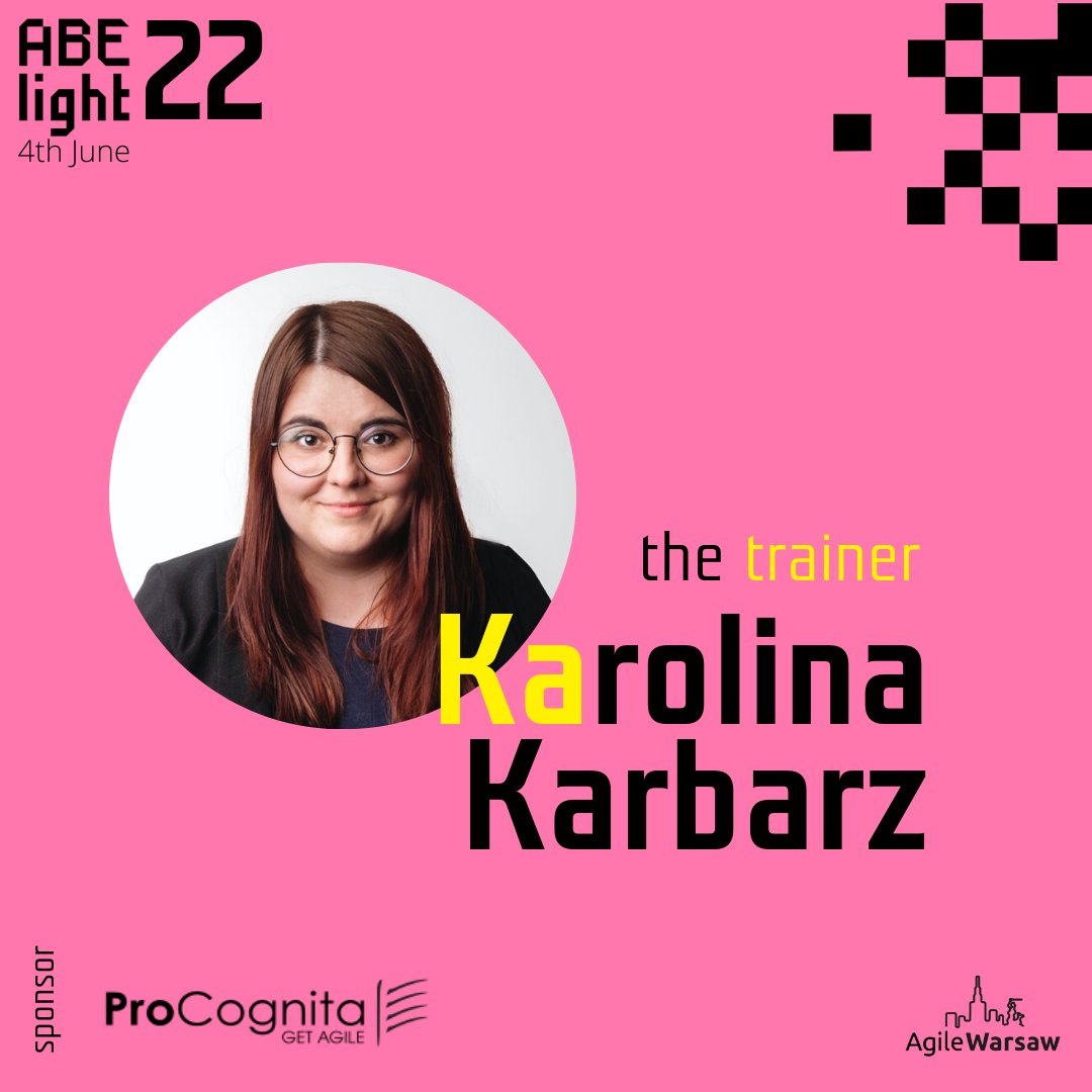 Przed Wami kolejny warsztatowiec #ABEL22 - Karolina Karbarz, która przeprowadzi uczestników przez ścieżkę klienta. 
Tędy do bezpłatnej rejestracji: abelight.agilewarsaw.com
#abelight22 #agile #scrum #ProCognita