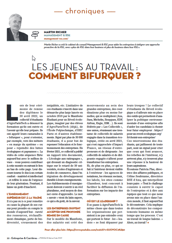 Un collectif de #jeunes étudiants d’AgroParisTech appelle à « bifurquer ». Ma dernière chronique dans « Entreprise et Carrières » de ce lundi.  #Management et #RSE #TransitionEcologique <a href="/EetC_redaction/">Entreprise&Carrières</a>  
Pour accéder aux dernières chroniques, c’est ici : management-rse.com/entreprise-car…