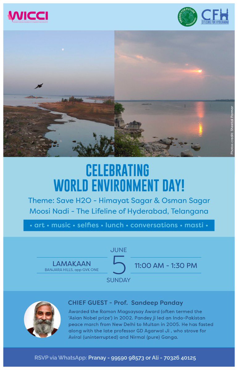 Yes !! World Environment Day is here.

All you beautiful people who have shown your love for Hyderabad & it’s   gorgeous Environment are invited 💐

Do come and pledge your support to always protect the eco-habitat of this city of lakes #SaveH2O #SaveOsmanSagar #SaveHimayatSagar