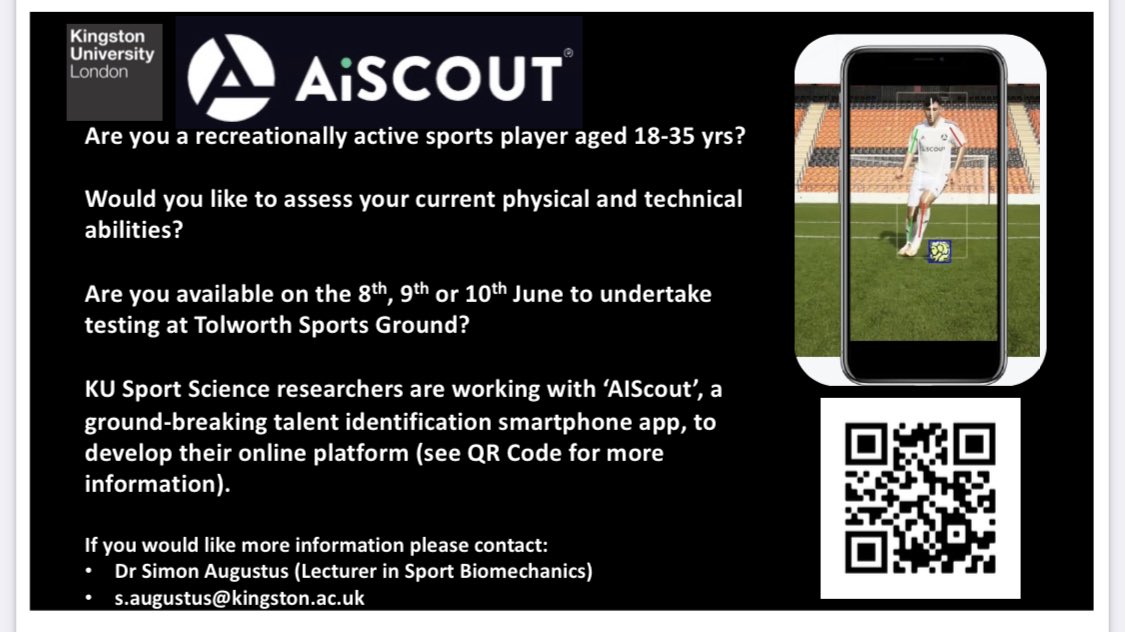 ChrisHowe87's tweet photo. Recruiting for an exciting new study of sports players. 8-10th June, Tolworth Sports ground.
See post below for details https://t.co/yvcAyvUOmB