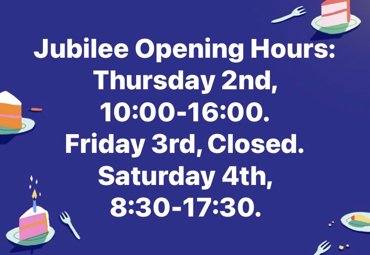 GlastoReclaim's tweet photo. Morning folks. 
Please see our opening hours over the Jubilee Weekend 🇬🇧
Thursday the 2nd 10-4.
Friday the 3rd CLOSED. 
Saturday the 4th 8:30-5:30.
We hope you all enjoy the weekend whatever your plans are 🎉 https://t.co/SW0K0ow3rL
