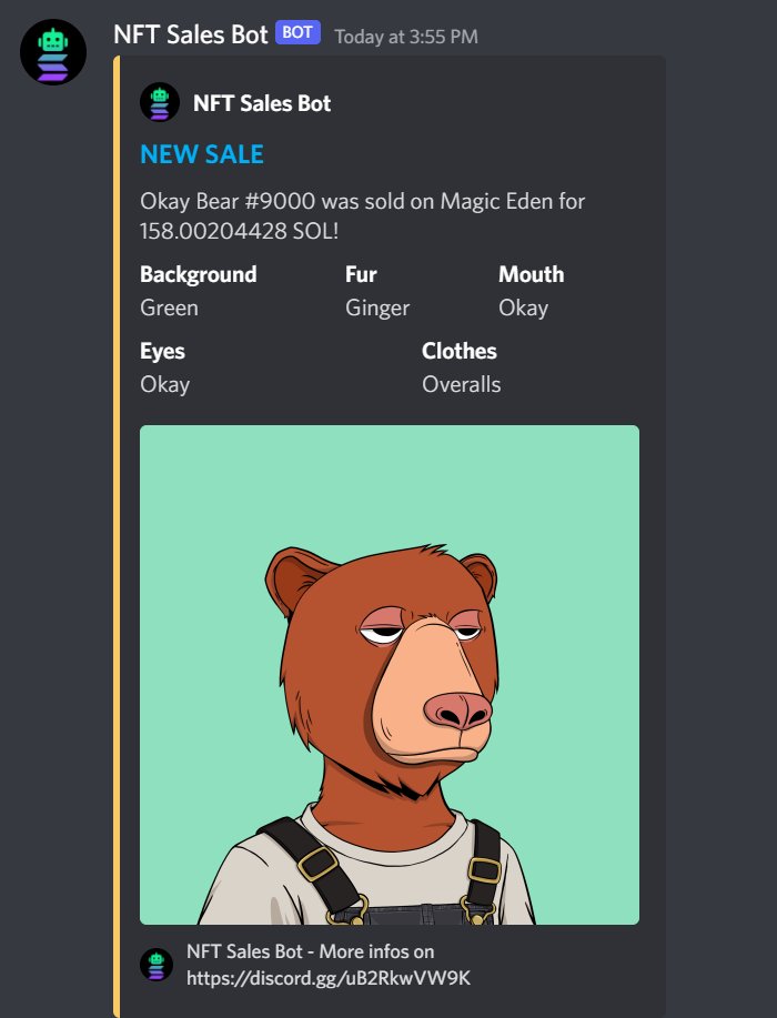 SolNFTSales's tweet photo. Promote your NFT project with automated sales messages to Discord and Twitter!

Check out this message for the @okaybears collection 😉

#solana #SolanaSummer #SolanaCommunity https://t.co/HiV7bQwfpV