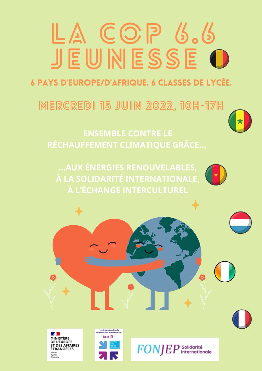 assoABCLearning's tweet image. Notre première COP 6.6 Jeunesse!
Ce projet réunit 6 classes de lycée et 6 experts en énergies renouvelables. Mercredi,le 15 juin 2022, nous discuterons des #énergiesrenouvelables en Belgique,au Cameroun,en Côte d’Ivoire,en France,au Luxembourg et au Sénégal en visioconférence.