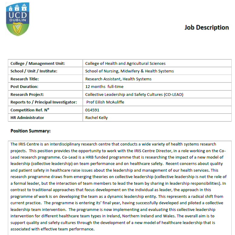 📢Open now for applications📢 We are recruiting for a 1-year Post-Doc and 1-year Research Assistant to work on the <a href="/coleadproject/">Co-Lead</a> implementing and evaluating #collectiveleadership with healthcare teams in Ireland, NI and Wales. See ucd.ie/workatucd/jobs/ for info #jobfairy