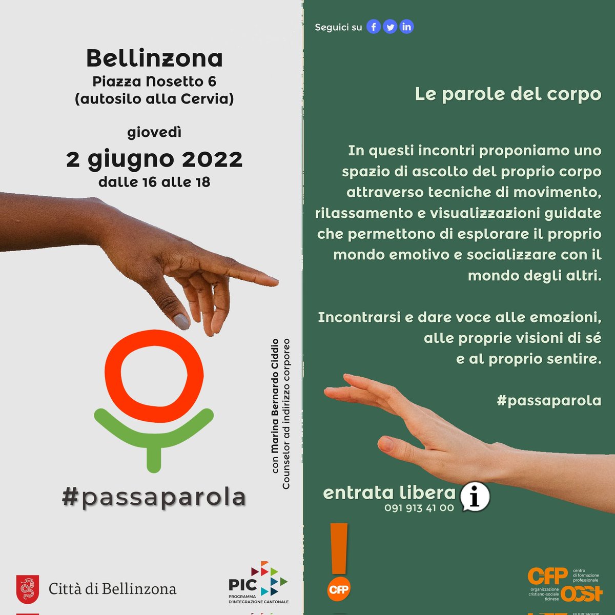 Sosteniamo l’integrazione di persone di origine straniera tramite incontri di socializzazione in lingua italiana, che si rivolgono a tutte le persone residenti nel nostro Cantone; svizzeri, domiciliati, dimoranti e persone con un permesso F+7 sono tutti i benvenuti! 
#passaparola