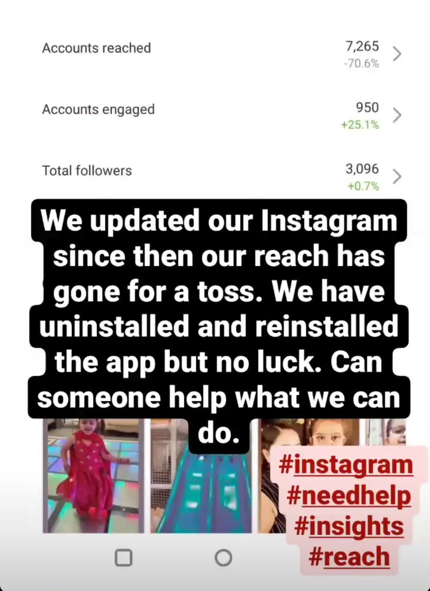 Avu786's tweet photo. #needhelp #instagram #urgent #reels #helpneeded 
My daughter's Instagram handle is #mehargghai we updated insta and since then her accounts reach has dropped to minus 70%. Our reels which used to cross 1000 views in a few mins are now not even crossing 200. It is so disturbing. https://t.co/MsEKcKYQoV