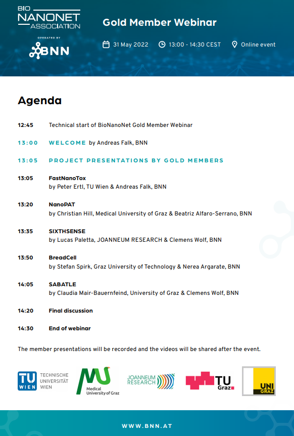 Don't miss our #webinar today with the project presentations of #FastNanoTox, <a href="/nanoPAT_project/">NanoPAT</a>  <a href="/SIXTHSENSEproj/">SIXTHSENSE H2020 project</a>, <a href="/BreadCell/">BreadCell project</a>  &amp; #SABATLE given by our Gold Members 🤩.

Join us at 13:00 CEST here: 
▶️ meet.goto.com/BioNanoNet/bio…