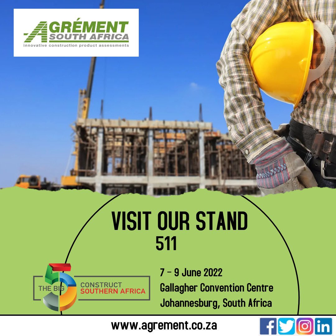 AgrementSA's tweet photo. Visit Agrément South Africa at The Big 5 Construct Southern Africa Expo, Stand 511. 7 – 9 June 2022 at Gallagher Convention Centre 
 
Register for your free pass https://t.co/MSuAmZJV5M

#AgrémentSouthAfrica #TheBig5ConstructSA #BuiltEnvironment #constructionsouthernafrica https://t.co/VPXOPU8Nte