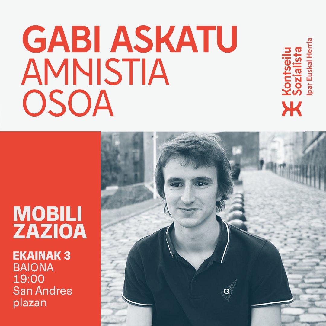 Kontseilua_Iru's tweet photo. Ostiral honetan gu ere Baionan egonen gara Gabi militante sozialista lapurtarraren askatasuna exijitzeko.

GABI ASKATU! AMNISTIA OSOA

Mobilizazioa:
🗓️Ekainak 3
🕜19.00etan
📍San Andres plazan (Baiona) https://t.co/Zf2go91wNJ