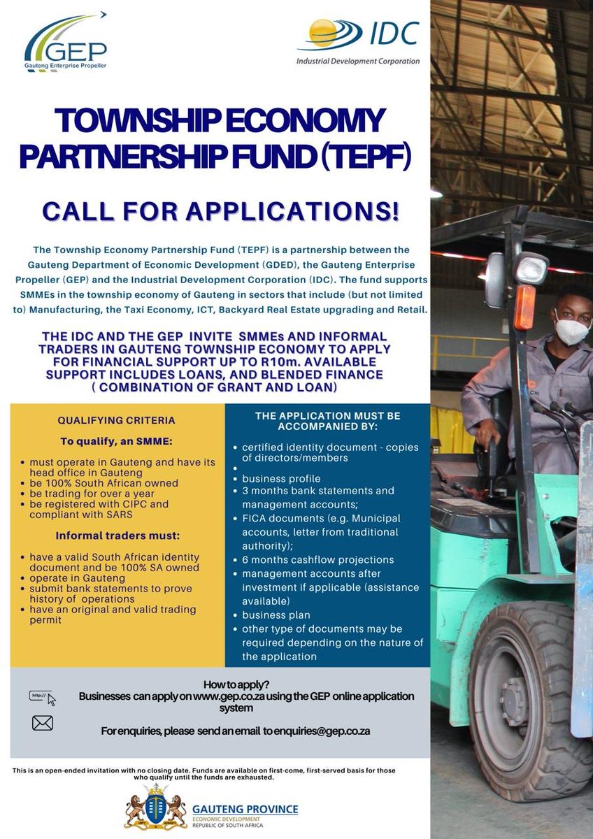 ANDE_ZA's tweet photo. The @GEP_ZA and @IDCSouthAfrica invite SMMEs and informal traders in Gauteng Province to apply for financial support. Available support includes loans and blended finance. For more information, please visit - https://t.co/0C68qmLtUZ
#gauteng #entrepreneurship #smme #funding https://t.co/vctwAkbC02