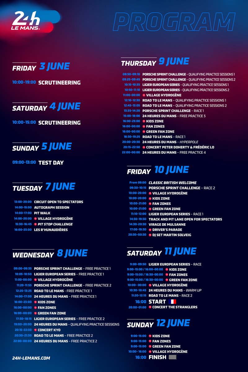 Get your Race Week schedule sorted now so you don't miss a minute of this year's event! 😉 #LeMans24